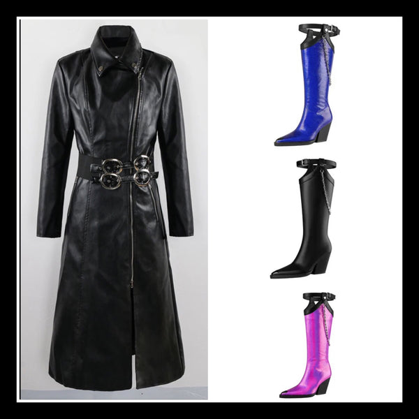 Women Black Buckled Faux Leather Fashion Trench Jacket