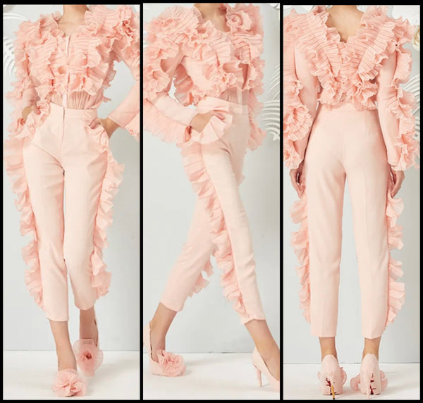 Women Ruffled Full Sleeve Fashion Two Piece Pant Set