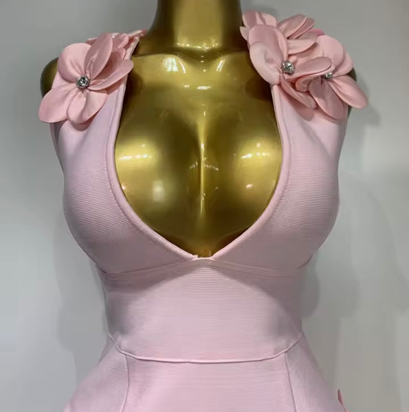 Women Sexy Sleeveless 3D Floral Pink Dress