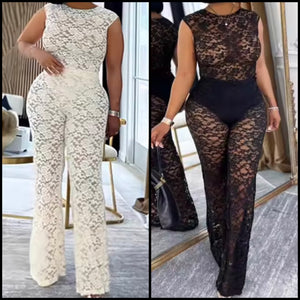 Women Sexy Solid Color Short Sleeve Lace Two Piece Pant Set