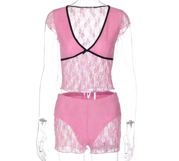 Women Sexy Short Sleeve Lace Two Piece Short Set
