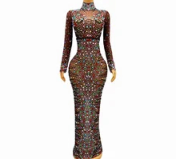 Women Sexy Mesh Colorful Crystal Full Sleeve Maxi Dress