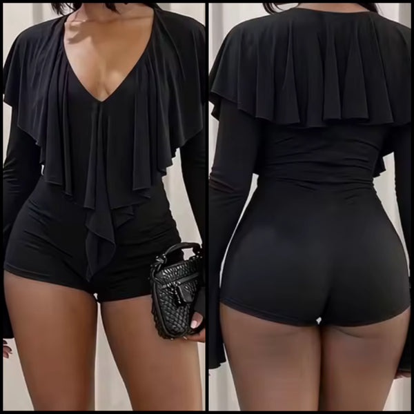 Women Black Sexy Fashion Ruffled Full Sleeve Romper