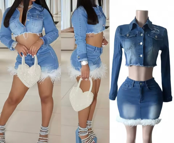 Women Sexy Fashion Fur Denim Crop Jacket Two Piece Skirt Set