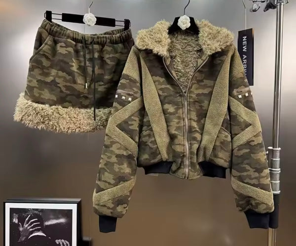 Women Camouflage Faux Fur Patchwork Two Piece Skirt Set