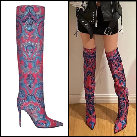 Women High Heel Printed Pointed Toe Fashion Knee High Boots