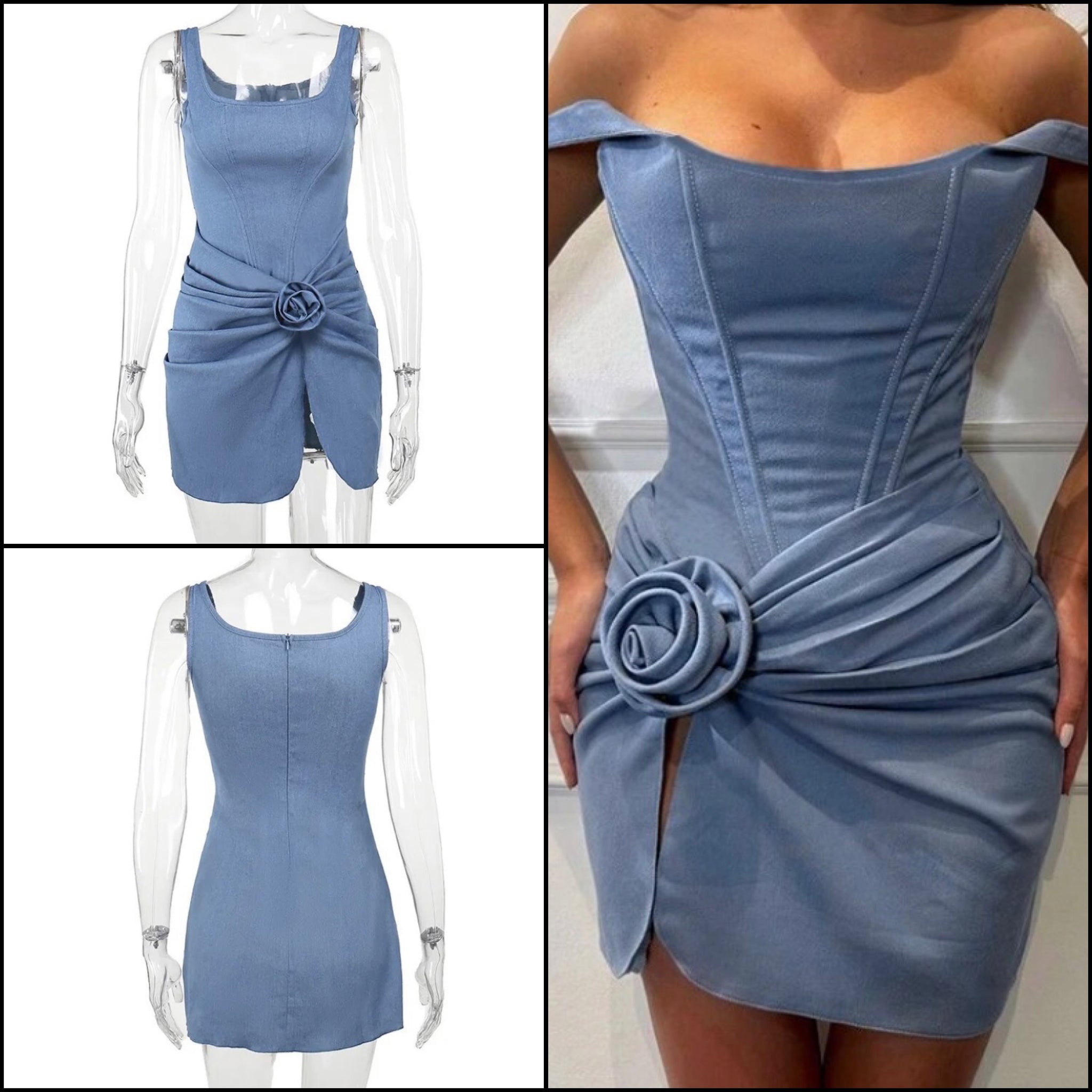 Women Sexy Sleeveless Ruched Rose Denim Dress