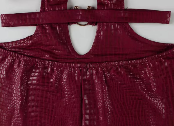 Women Sexy Burgundy PU Halter Sleeveless Cut Out Romper