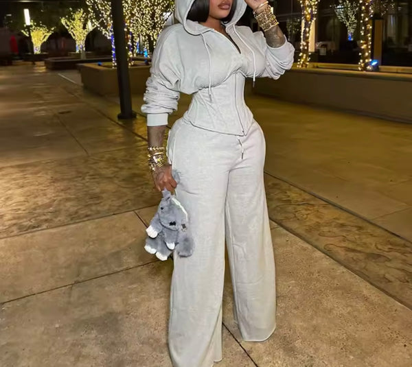Women Fashion Hooded Corset Tracksuit Two Piece Pant Set