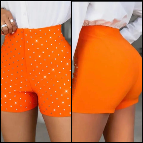 Women Orange Bling Rhinestone Patchwork Fashion Shorts