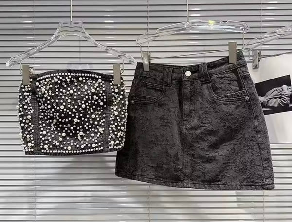 Women Pearl Strapless Floral Denim Two Piece Skirt Set