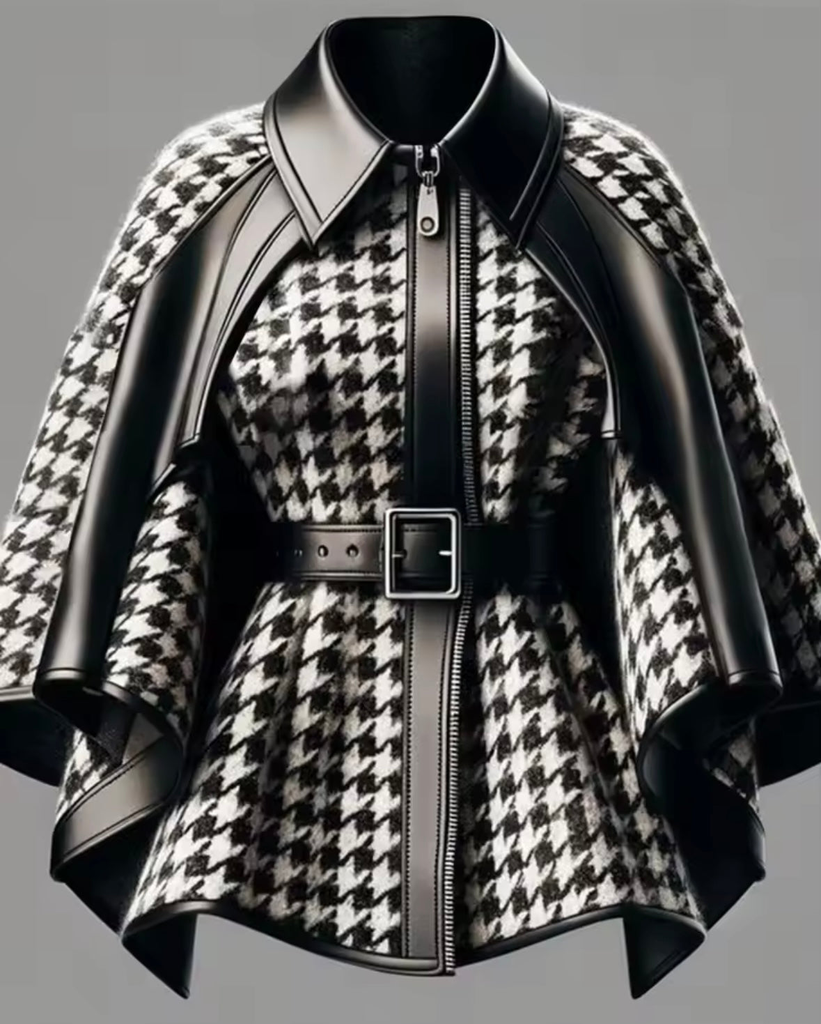 Women Fashion B&W Buckled Houndstooth Jacket