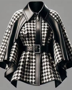Women Fashion B&W Buckled Houndstooth Jacket