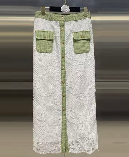 Women Button Up Short Sleeve Tweed Lace Two Piece Skirt Set