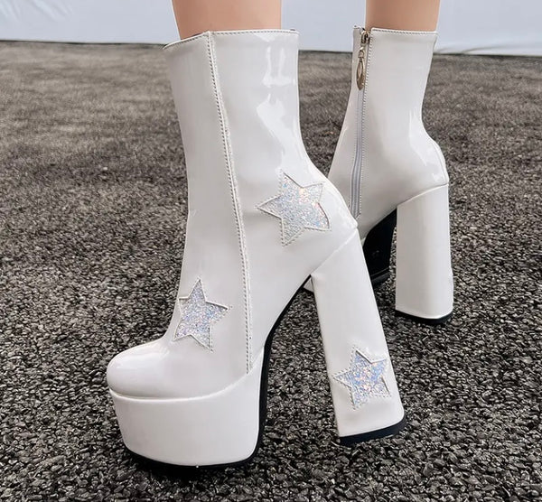 Women Fashion Star Patent Leather Platform High Heel Ankle Boots