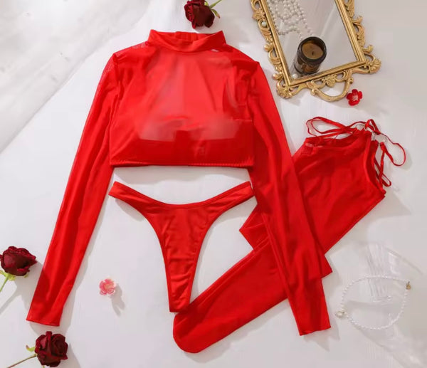Women Sexy See Through Mesh Full Sleeve Lingerie Set