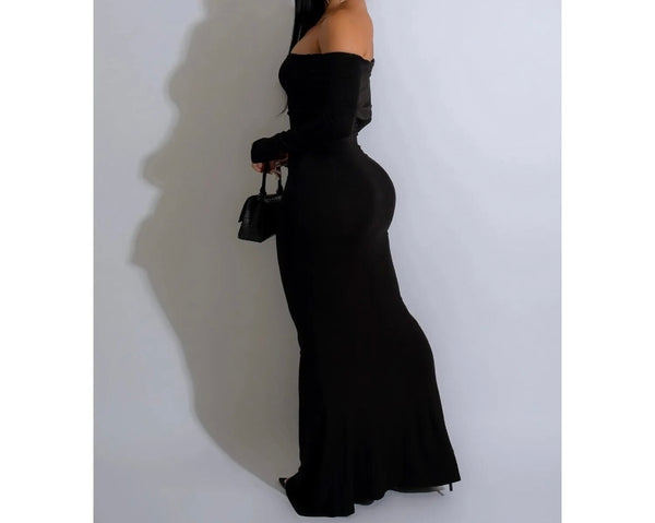 Women Sexy Solid Color Off The Shoulder Full Sleeve Maxi Dress