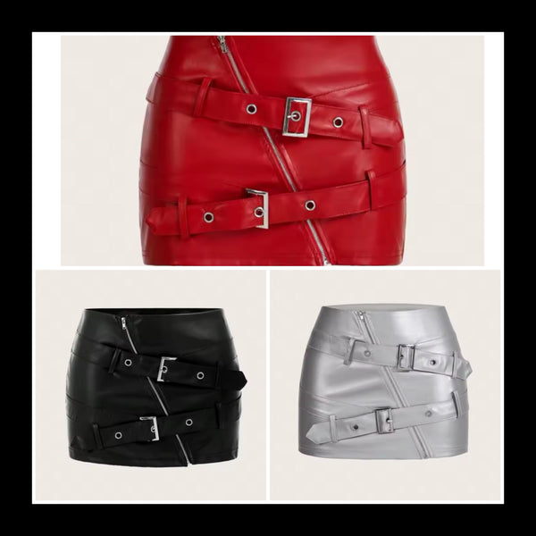 Women Color Fashion PU Leather Buckled Skirt