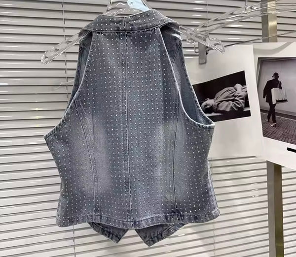 Women Fashion Blue Bling Denim Vest Two Piece Pant Set