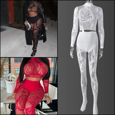 Women Lace Sexy Full Sleeve Crop Two Piece Feet In Pant Set