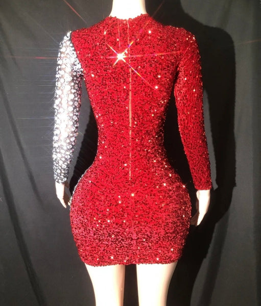 Women Sexy Red Sequins Bling Patchwork Full Sleeve Dress