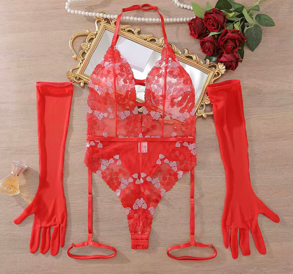 Women Red Heart Sexy Bodysuit Glove Lingerie Set