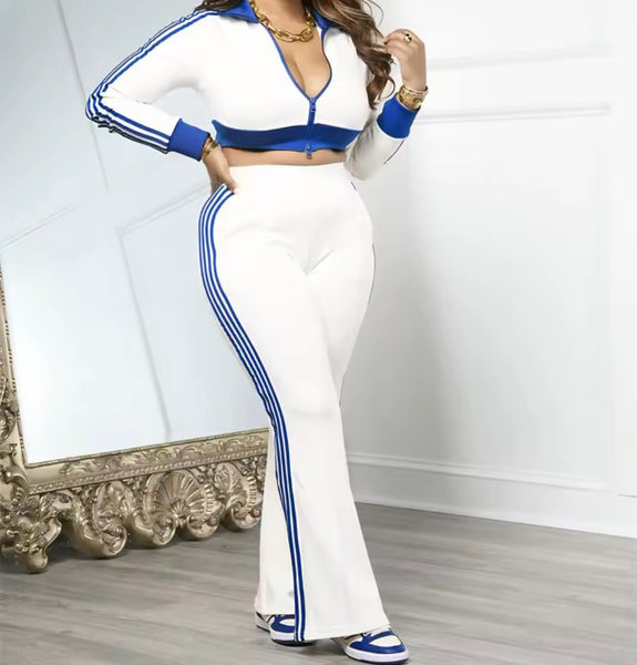 Women Color Fashion Full Sleeve Striped Tracksuit Two Piece Pant Set