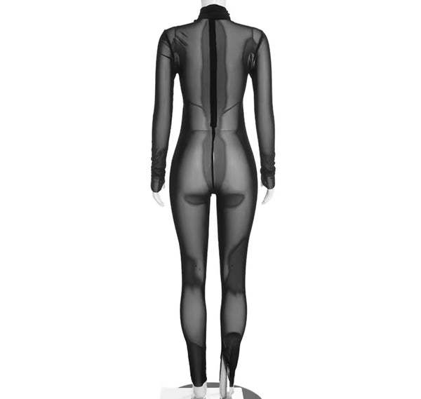 Women Sexy Black See Through Mesh Full Sleeve Jumpsuit