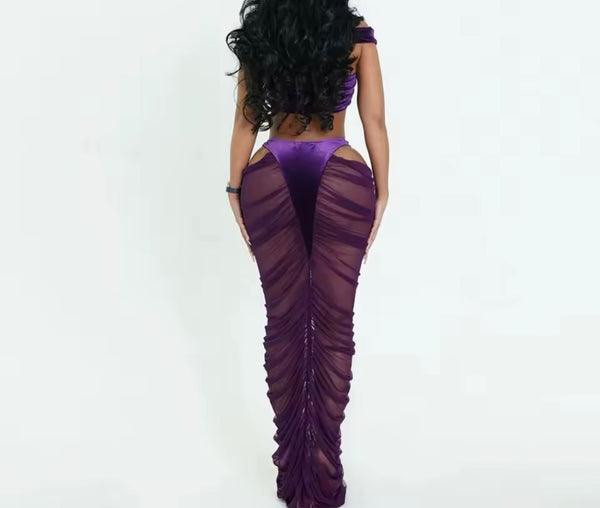 Women Sexy Sleeveless Velour Mesh Ruched Two Piece Maxi Skirt Set