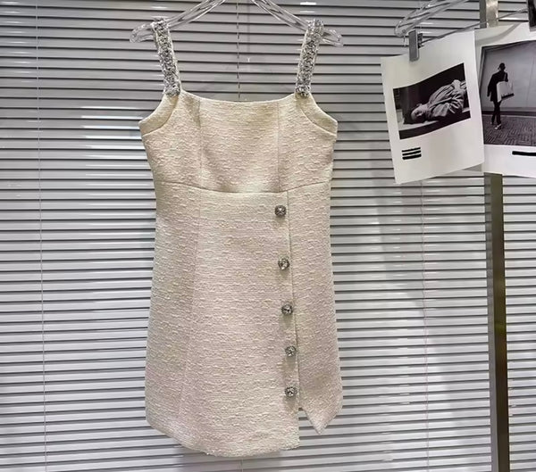 Women Sleeveless Rhinestone Tweed Dress