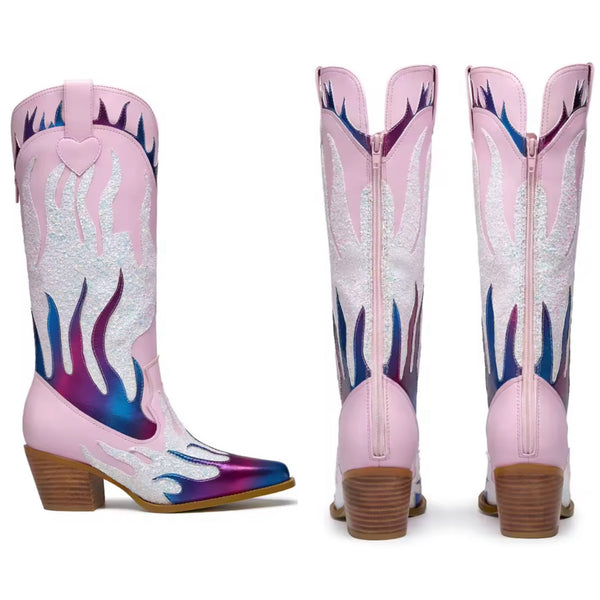 Women Fashion Pink Colorful Print Knee High Western Boots