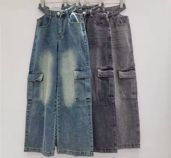 Women Fashion Cut Out Wide Leg Cargo Denim Pants