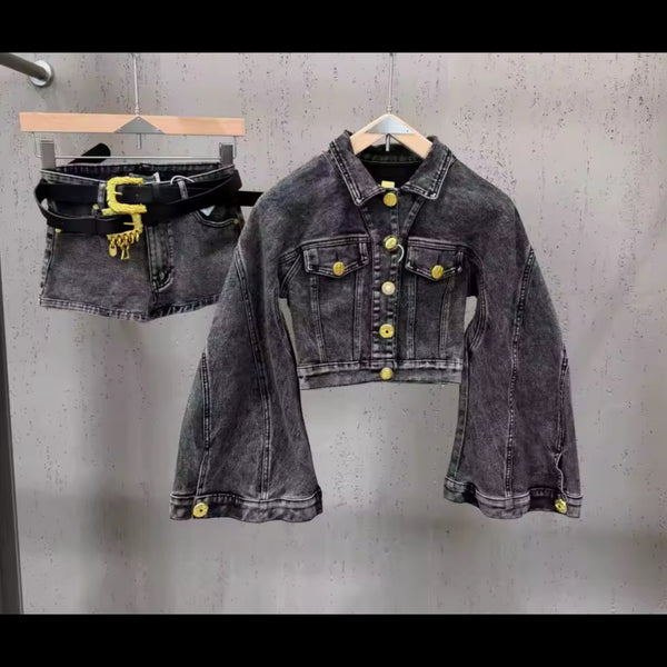 Women Fashion Button Up Denim Jacket Two Piece Short Set