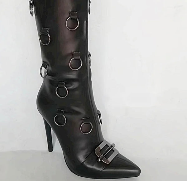 Women Fashion Black Metal Ring Knee High Boots