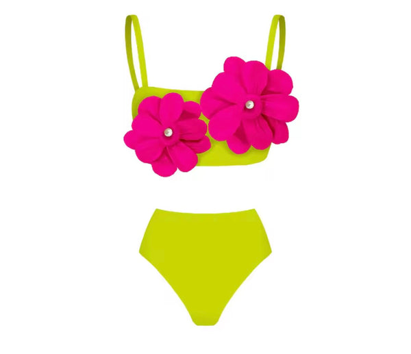 Women Sexy One Shoulder/Sleeveless Green Floral Swimsuit Cover Up Set