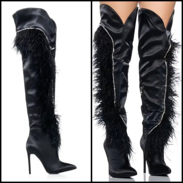 Women Black Fashion Bling Faux Fur Patchwork Knee High Boots