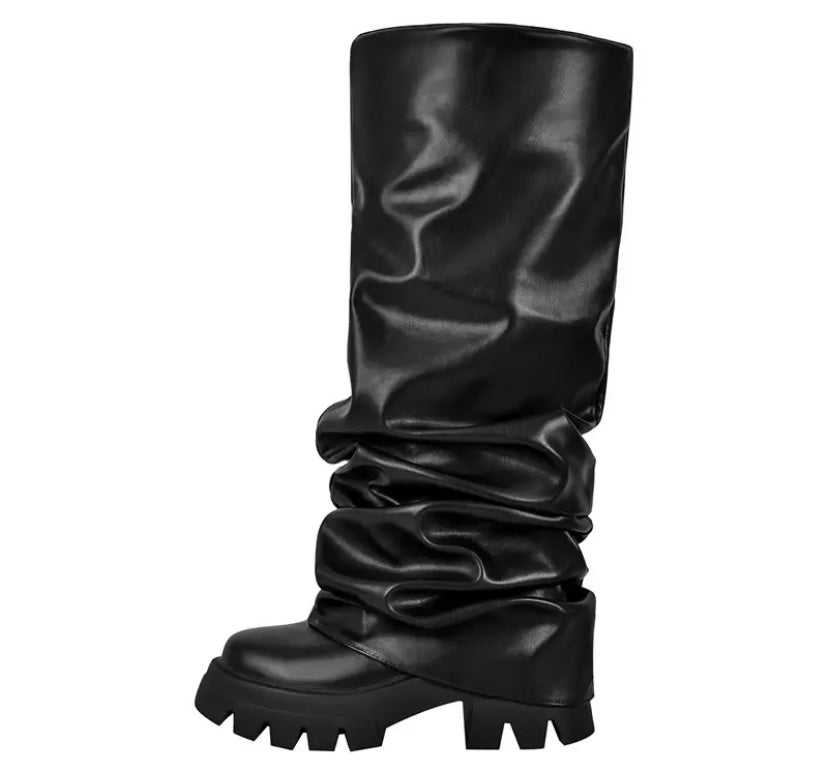 Women Fashion Ruched PU Knee High Boots