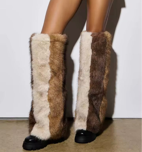 Women Color Patchwork Fur Fashion Knee High Boots