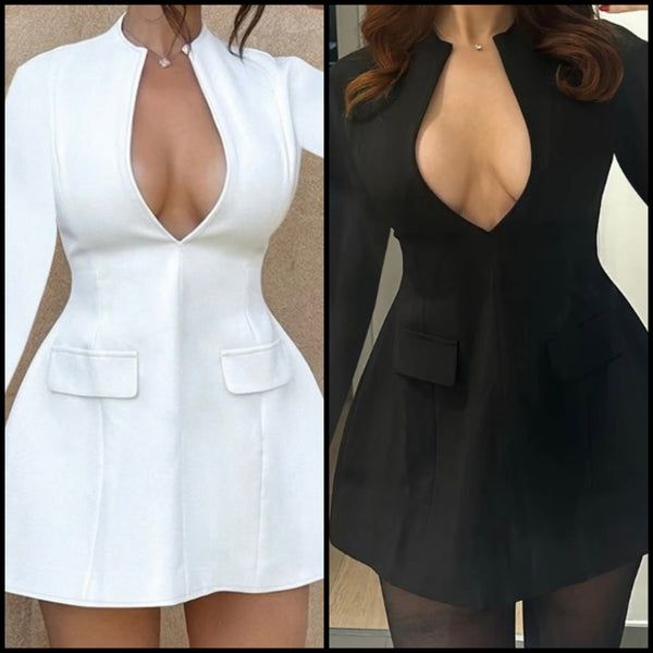 Women Sexy Solid Color Full Sleeve Deep V-Neck Dress
