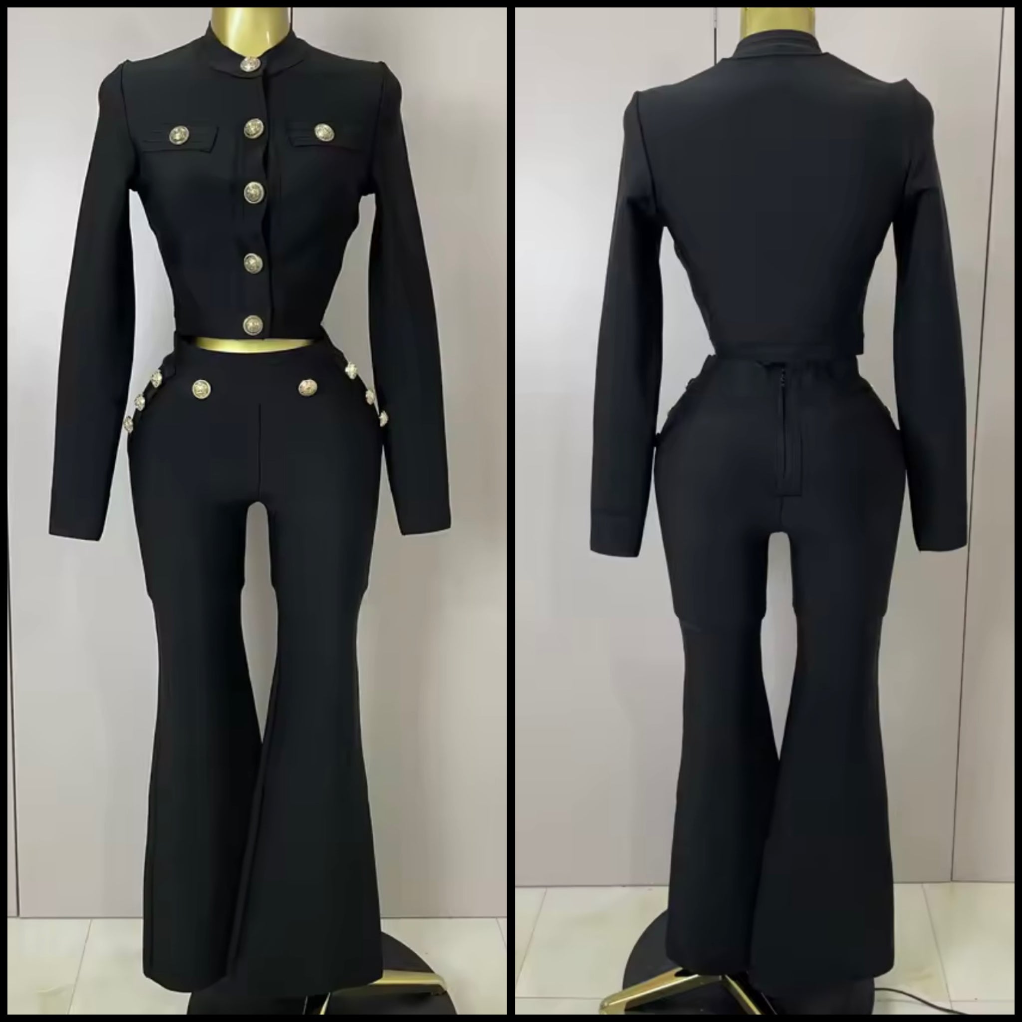 Women Black Button Up Full Sleeve Two Piece Pant Set