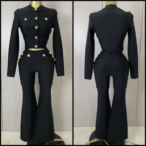 Women Black Button Up Full Sleeve Two Piece Pant Set