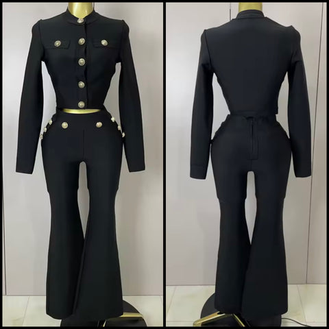 Women Black Button Up Full Sleeve Two Piece Pant Set