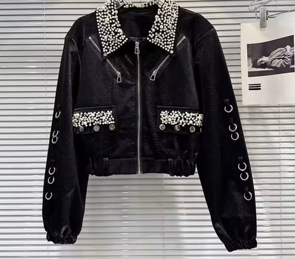 Women Black Pearl Metal Ring Fashion Faux Leather Jacket