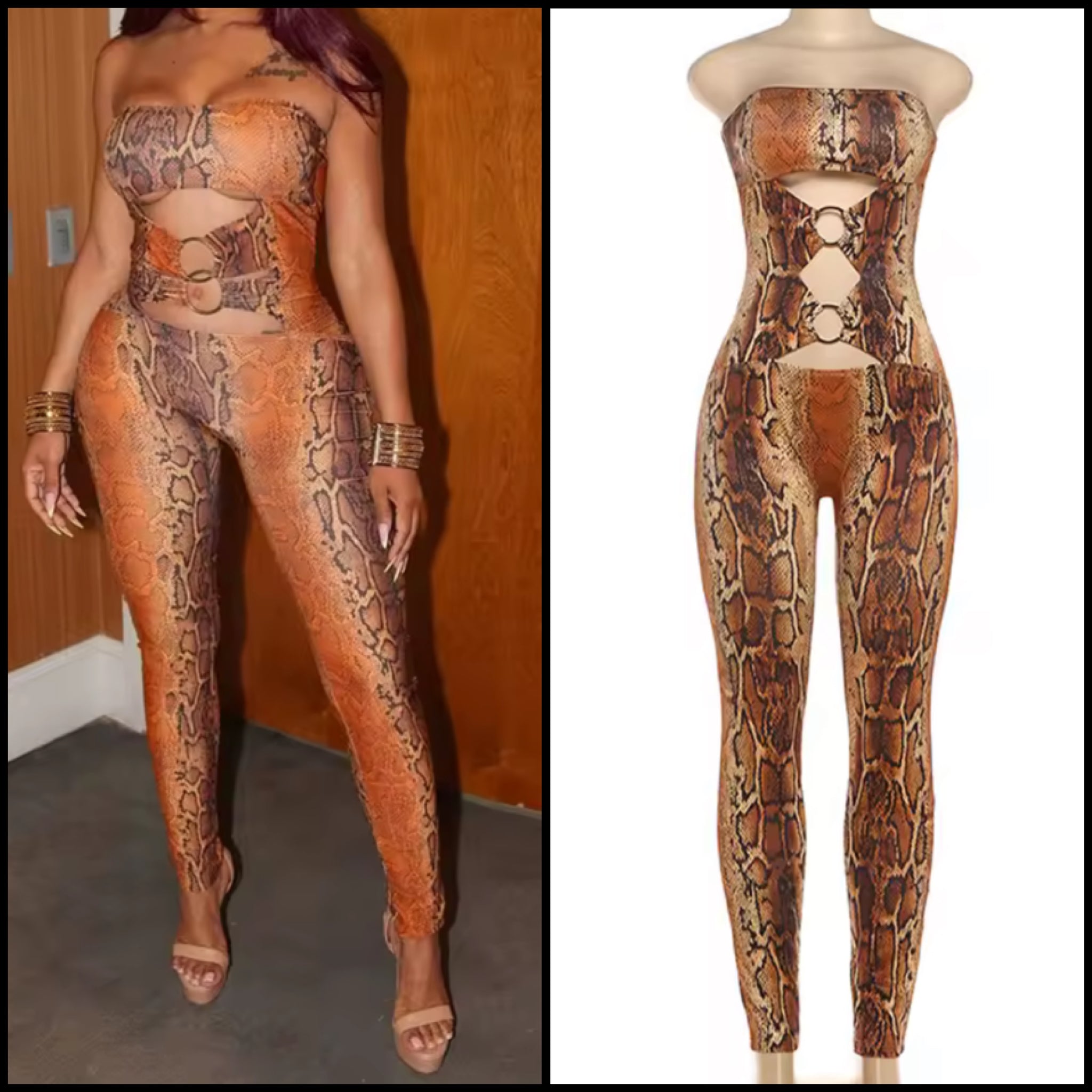 Women Strapless Color Animal Print Cut Out Fashion Jumpsuit