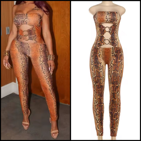 Women Strapless Color Animal Print Cut Out Fashion Jumpsuit