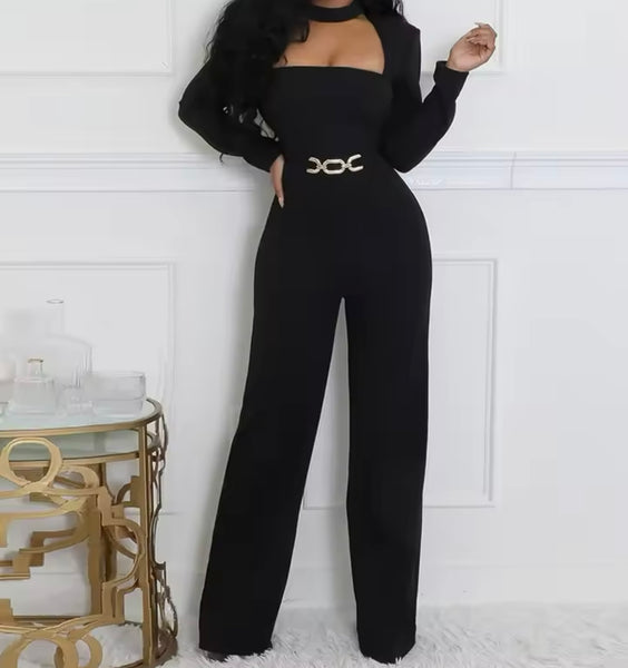 Women Sexy Solid Color Choker Full Sleeve Waist Chain Jumpsuit