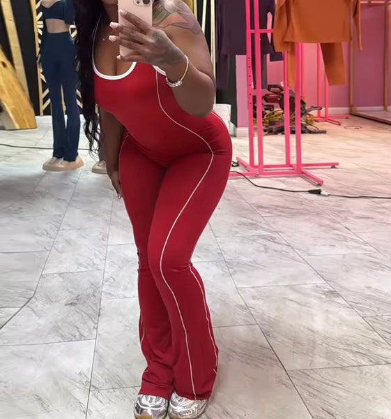 Women Sleeveless Striped Color Open Back Fashion Jumpsuit