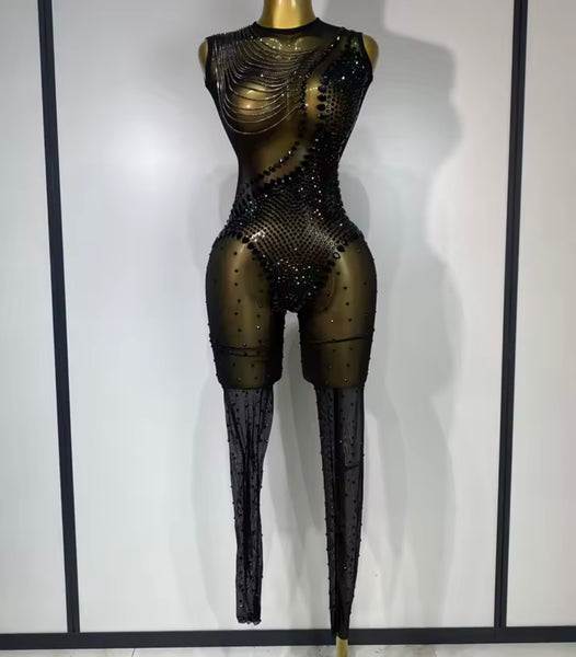 Women Sexy Sleeveless See Through Chain Rhinestone Jumpsuit