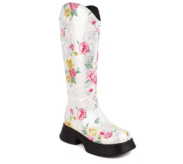 Women Fashion Color Floral Knee High Boots