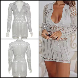 Women Gray Collar V-Neck Full Sleeve Knitted Dress